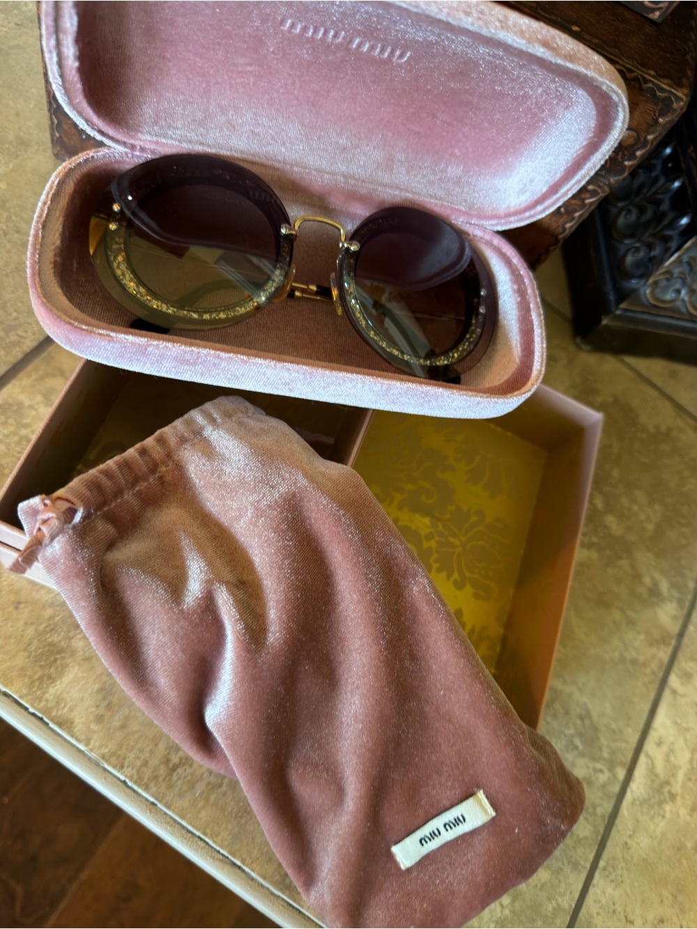 Miu Miu Black Glitter Round Sunglasses with Velvet Pouch and box